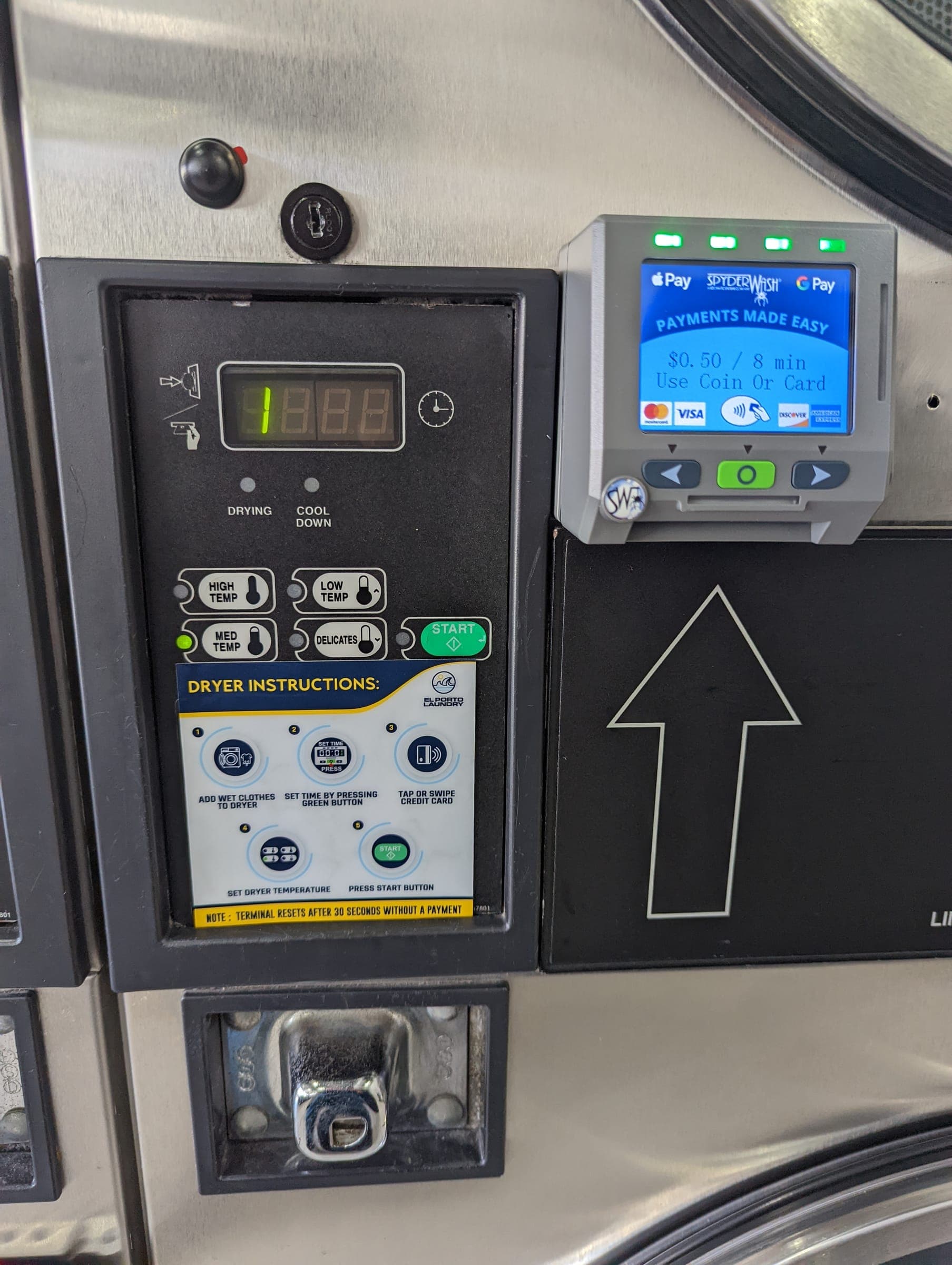 Speed Queen commercial dryers front view at El Porto Laundry
