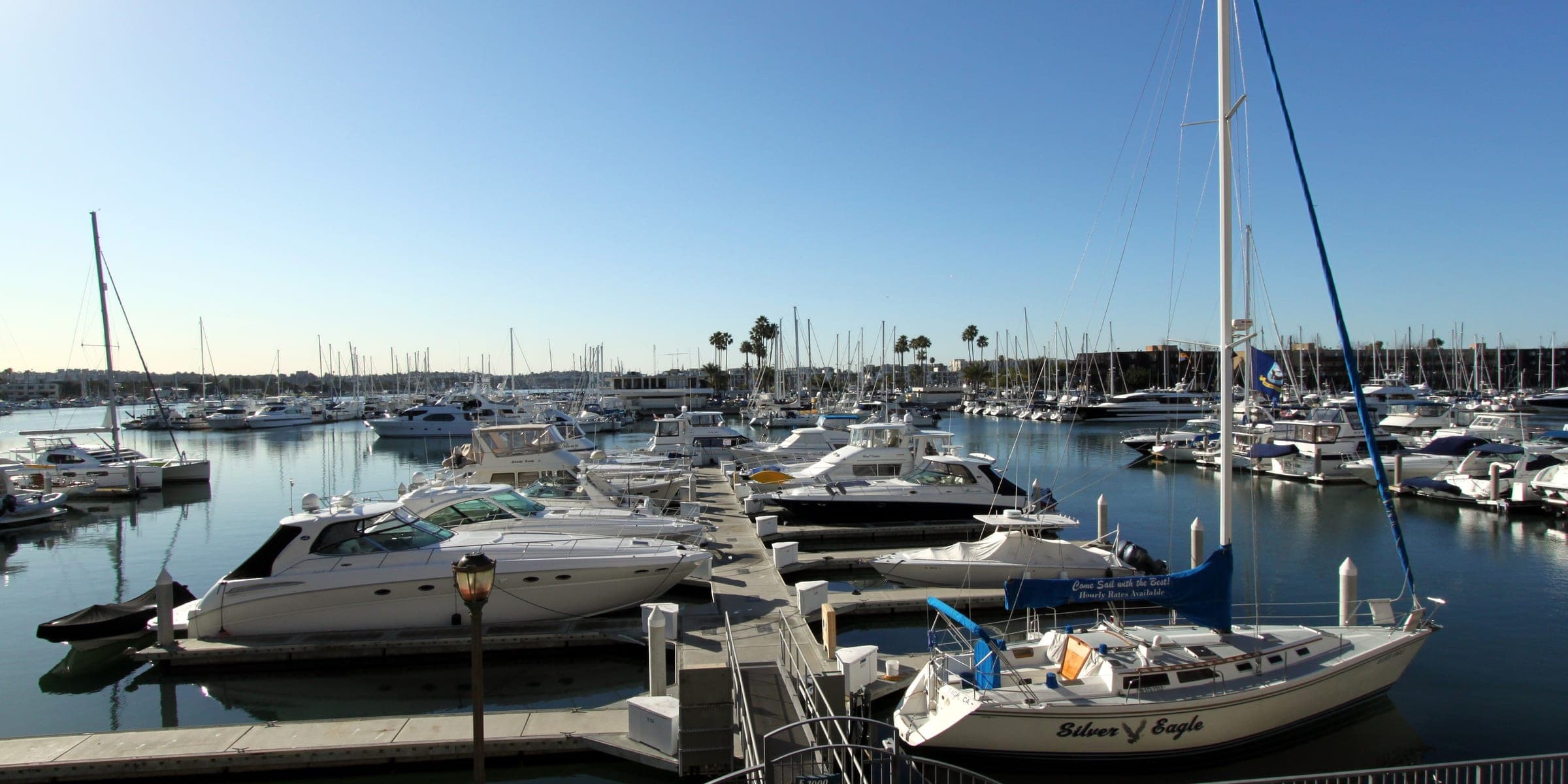 Sailboats moored in the Marina del Rey harbor