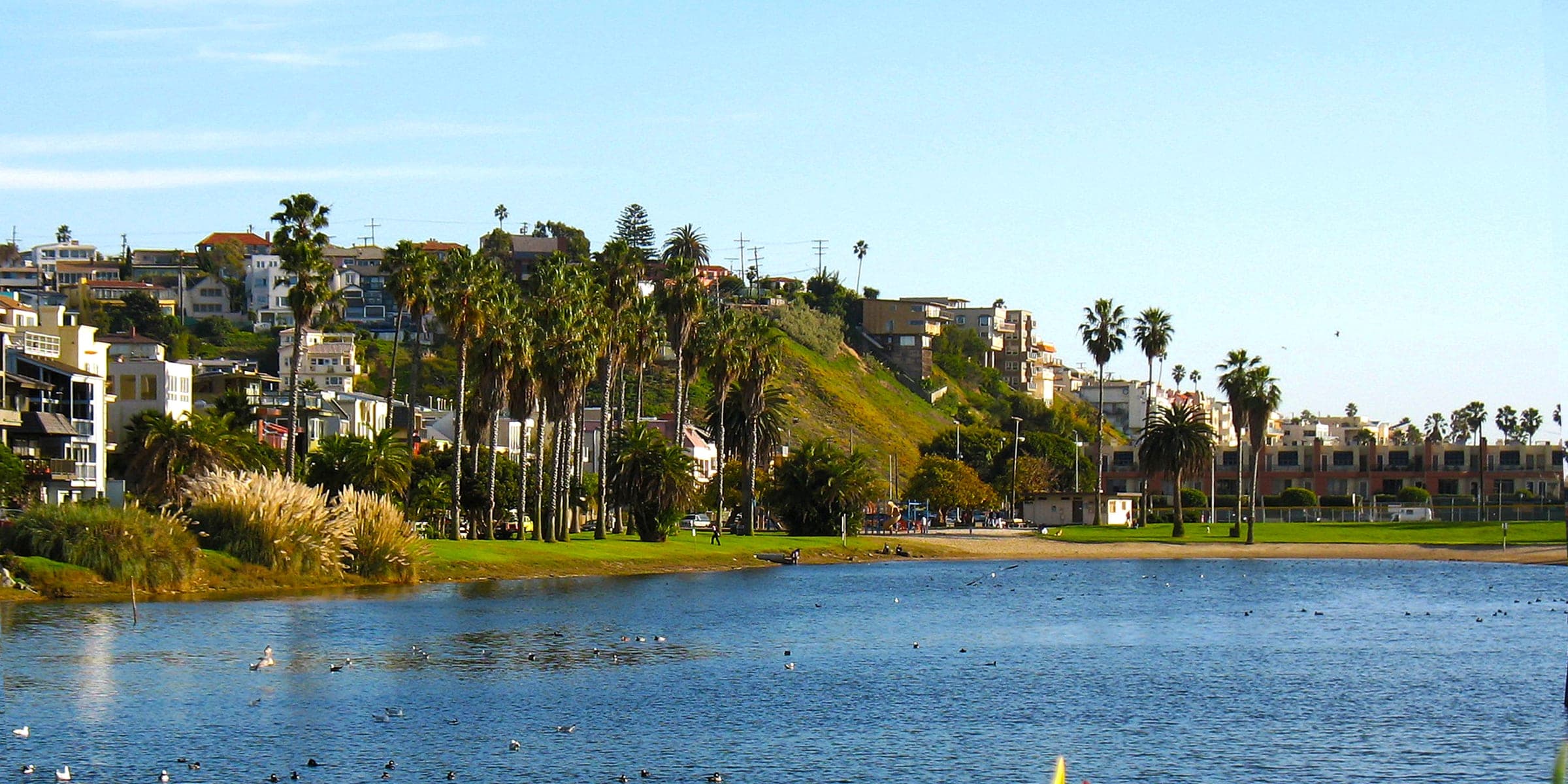 Del Rey Lagoon and the bluffs at Playa del Rey, California